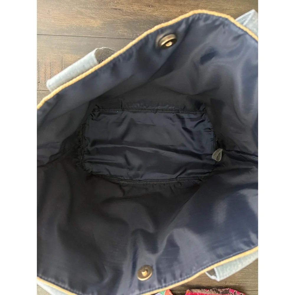 Victoria's Secret Paper Straw Tote Bag with Denim Logo Straps Lined Snap Closure